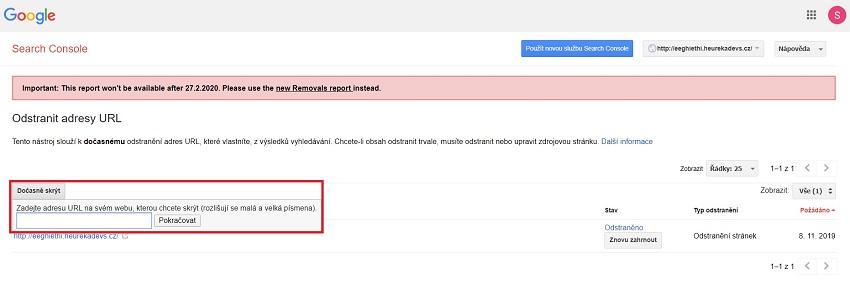 Legacy verze GSC nástroje URL Removal. Funkční do 27. 2. 2020
